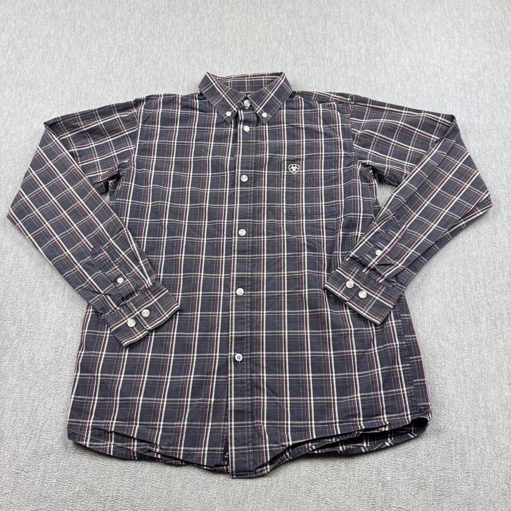 Ariat Pro Series Shirt‎ Youth Boys Large 14-16 Black Purple Plaid Button Down